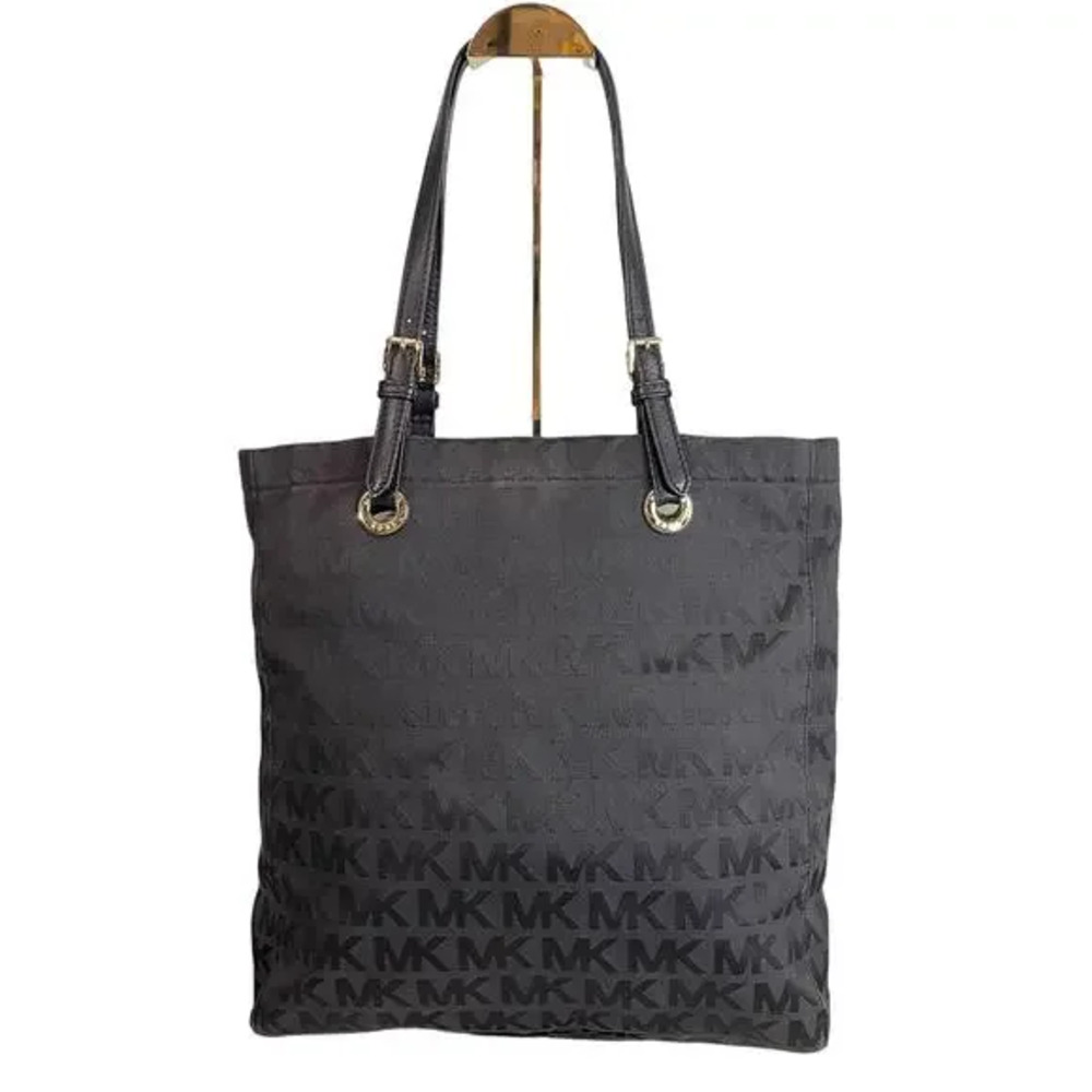 Michael Kors Black Monogram Jet Set Grab Shoulder Tote Bag Large Canvas MK Logo